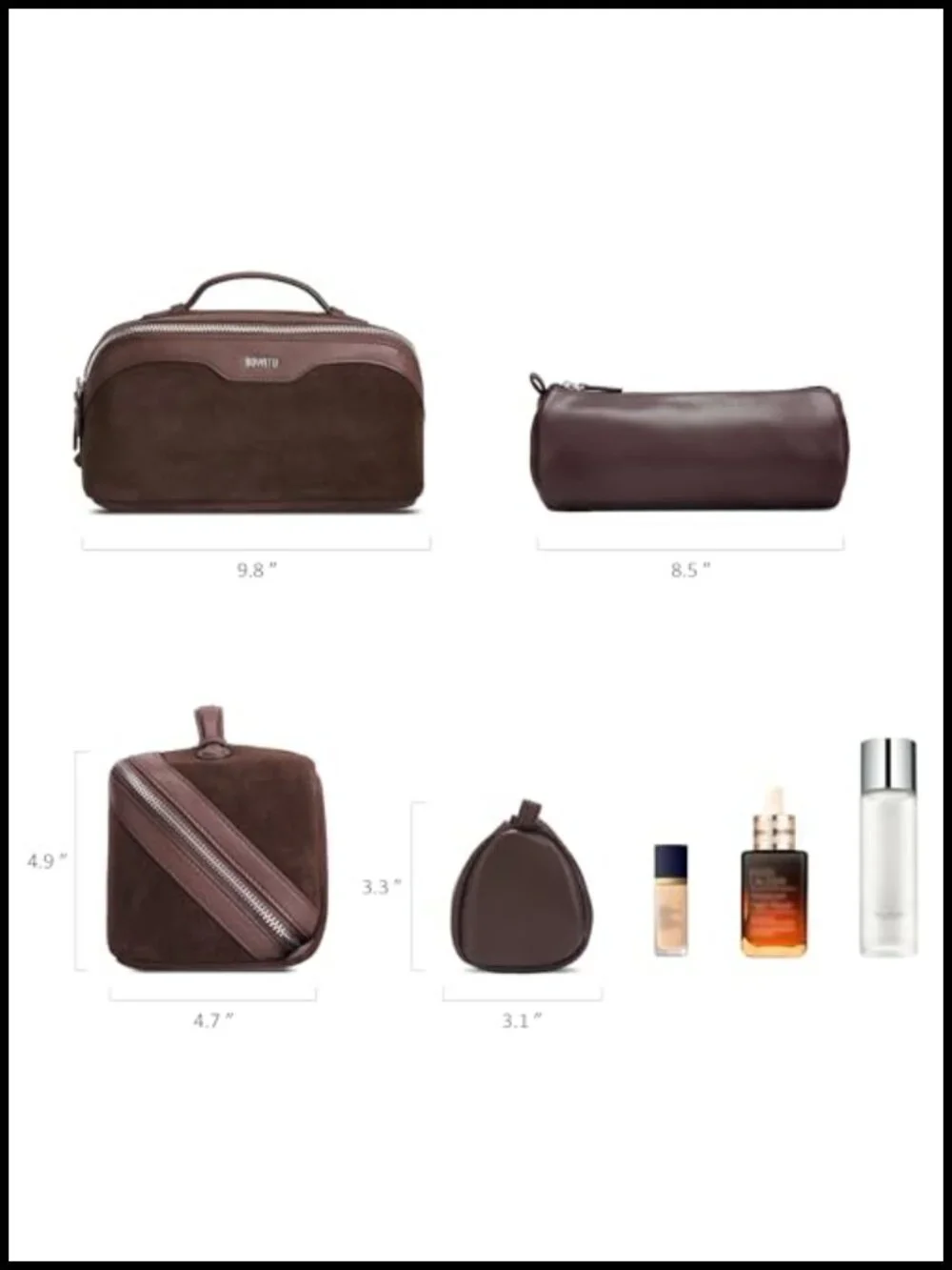 Genuine Suede Leather Travel Makeup Bag, Handmade Cosmetic Organizer Set 3